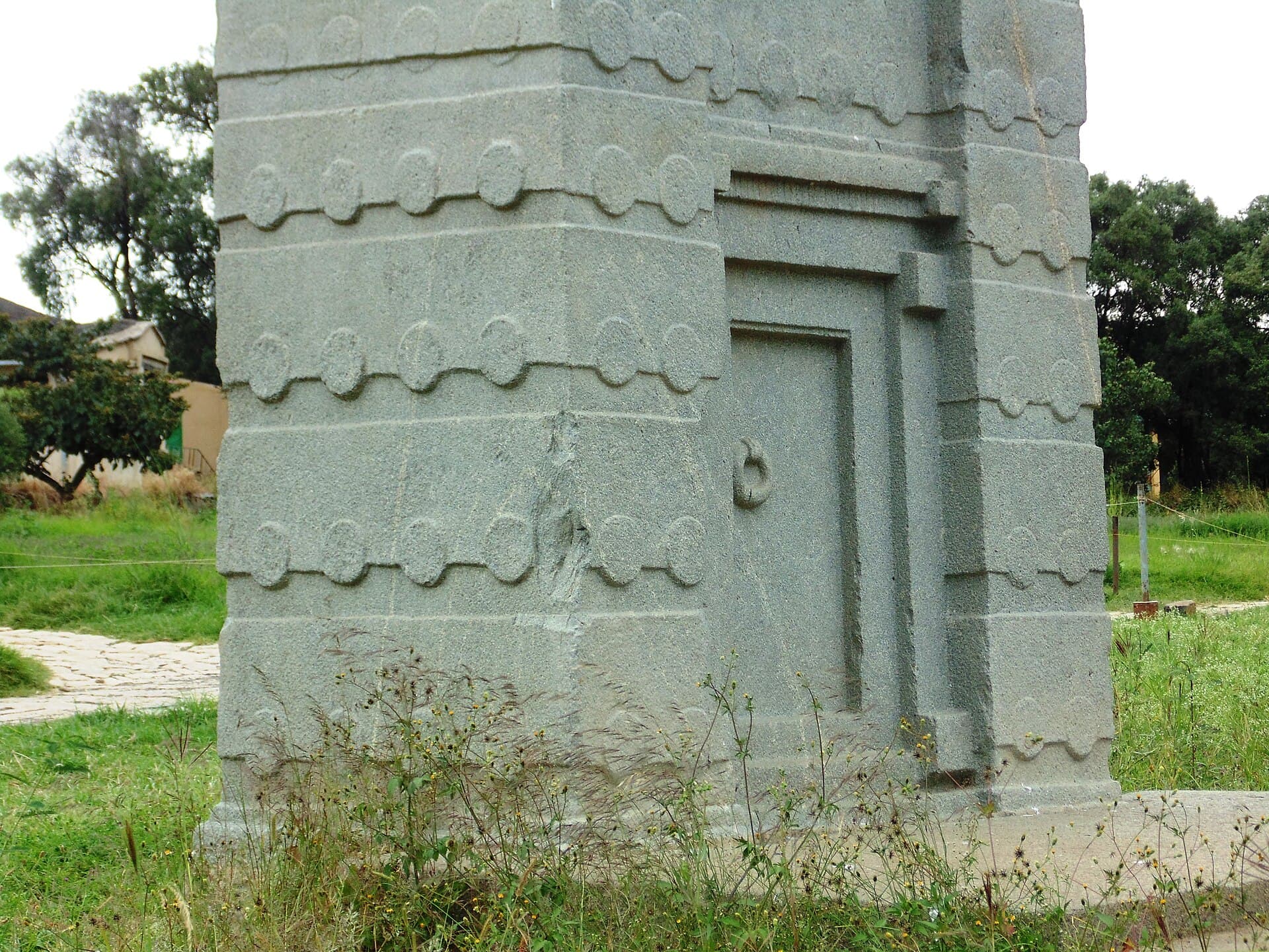 A carved granite stele standing in the northern stelae field at Aksum in Tigray, northern Ethiopia, part of the World Heritage site inscribed in 1980
