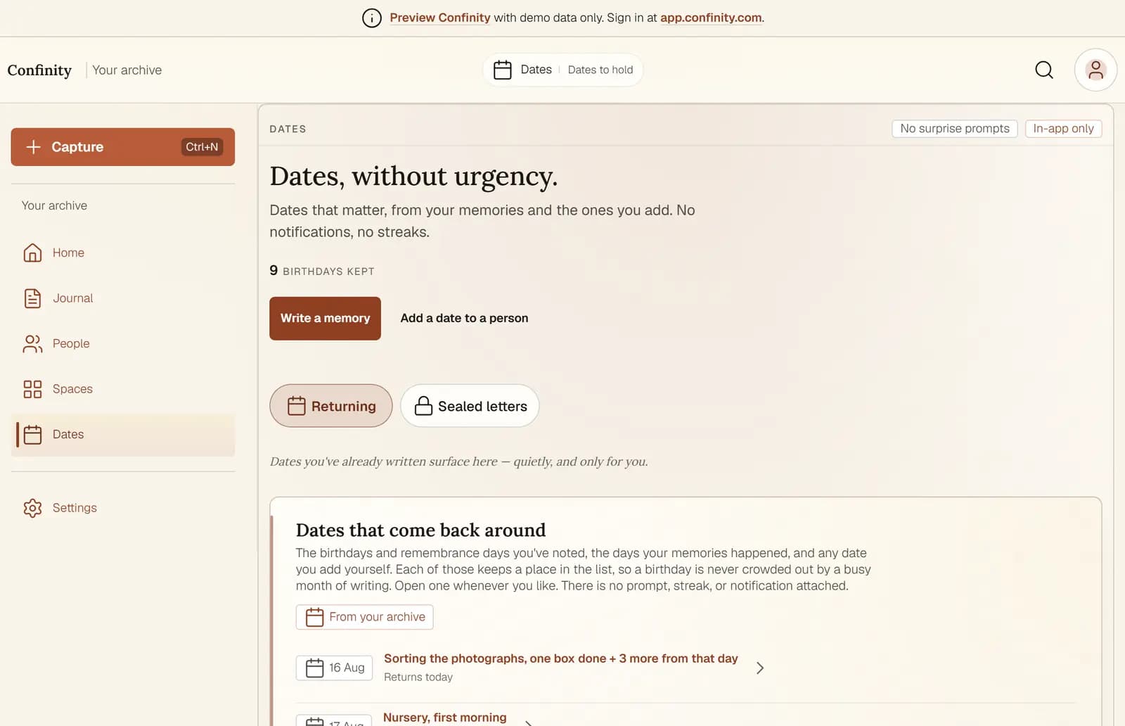 The Dates screen in Confinity, headed 'Dates, without urgency', listing birthdays and remembrance days that come back around, with a note that there is no prompt, streak or notification attached.