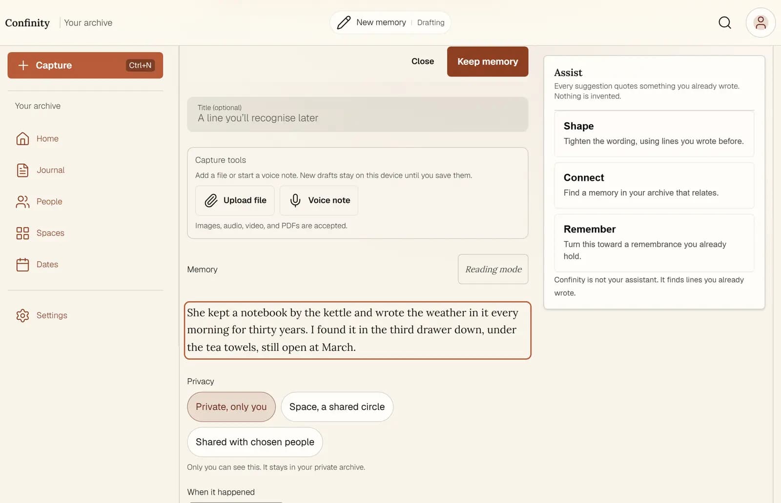 The Confinity writing canvas with a paragraph part-written in it, set in a serif face on a wide, plain page.