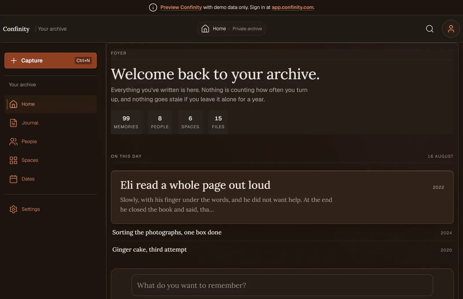 The Confinity archive home: a sidebar of Home, Journal, People, Spaces and Dates, a count of the memories, people, spaces and files held, and an On this day list.