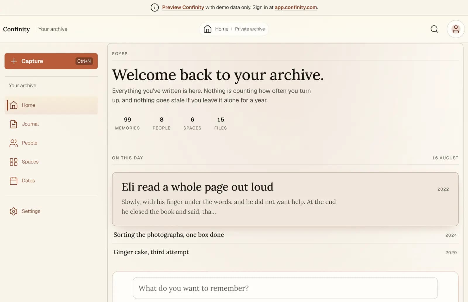 The Confinity archive home: a sidebar of Home, Journal, People, Spaces and Dates, a count of the memories, people, spaces and files held, and an On this day list.