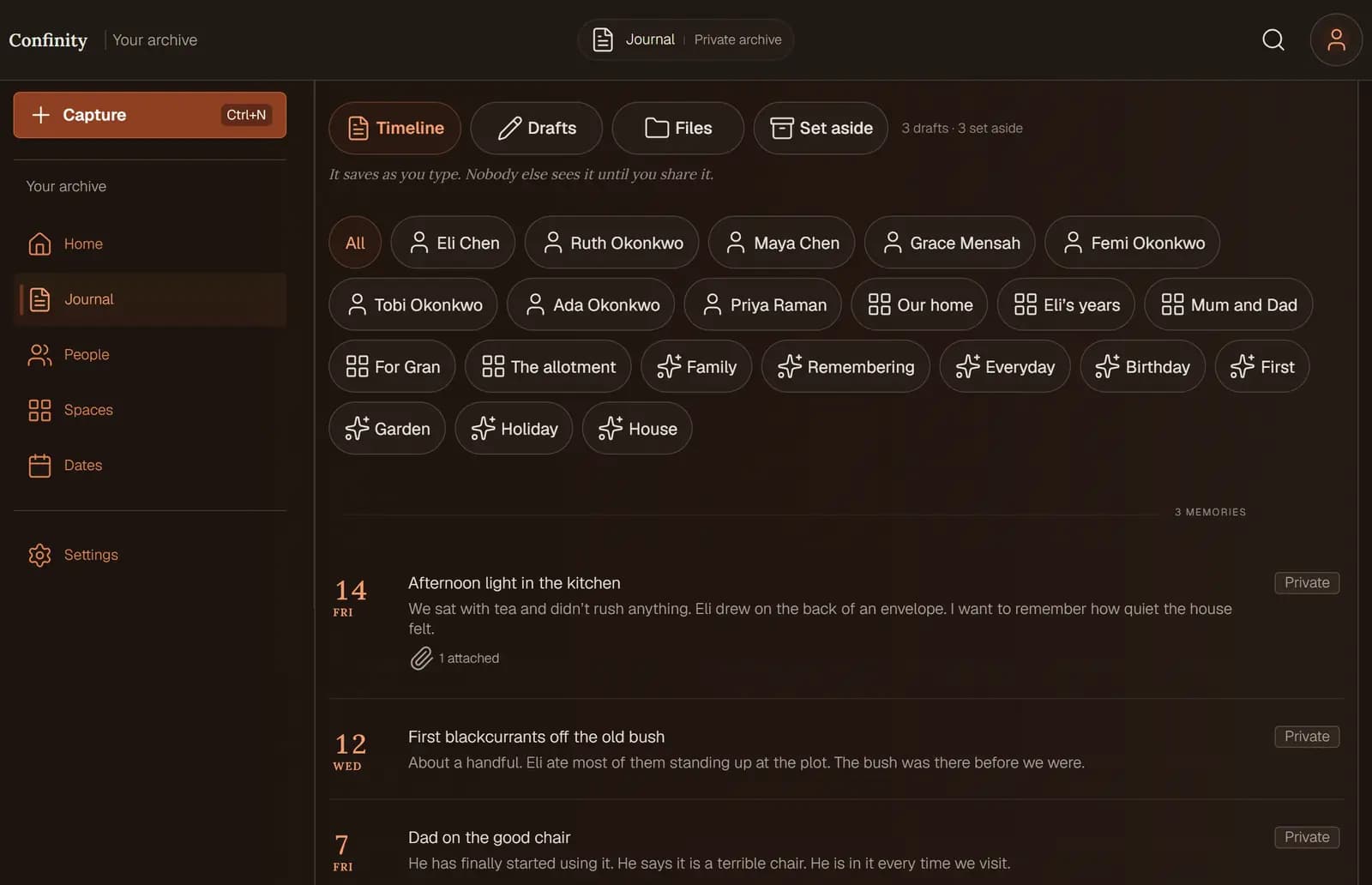 The journal in Confinity, scrolled to the timeline: tabs for Timeline, Drafts, Files and Set aside with a note of 3 drafts and 3 set aside, a line reading 'It saves as you type. Nobody else sees it until you share it.', filter chips for each person, space and tag, and three dated entries below, each marked Private.