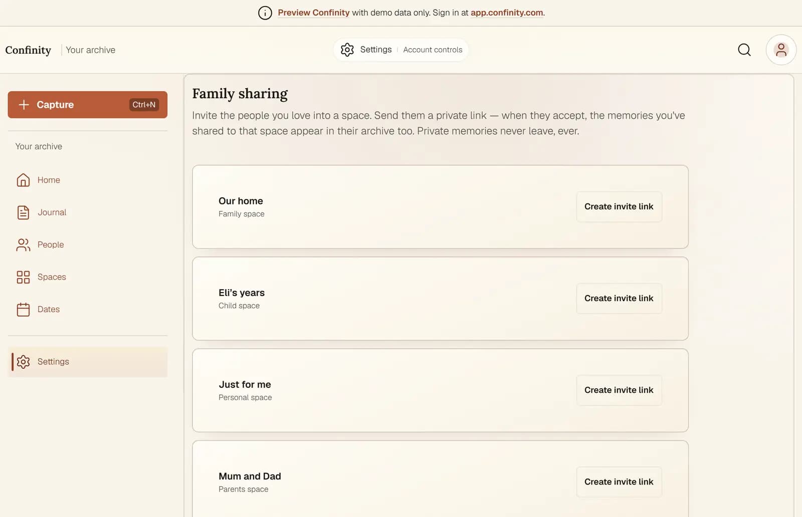 The Family sharing screen in Confinity: each space listed in turn, each with its own Create invite link button, above a line explaining that shared memories appear in an invited person's archive and private memories never leave.