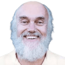 A cheerful portrait of Ram Dass, the American spiritual teacher and author, known for his work on consciousness and mindfulness. He is smiling widely, with a full white beard and bald head, radiating warmth and positivity. His teachings, particularly through his book Be Here Now, have influenced the Western understanding of Eastern spirituality and meditation practices.