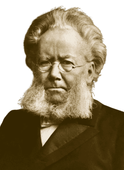 Sepia-toned portrait of Henrik Ibsen, the famous Norwegian playwright and poet, known for his influential works in modern drama. He is shown with distinctive round glasses, a bushy beard, and thick hair, wearing a formal suit. His serious expression reflects his deep, intellectual legacy in literature, particularly in challenging societal norms.