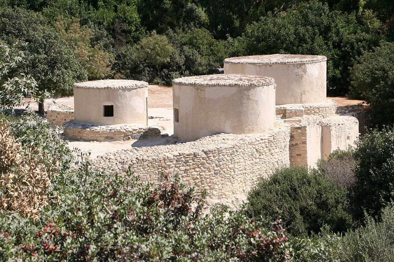 The reconstructed round houses of the Neolithic settlement at Choirokoitia