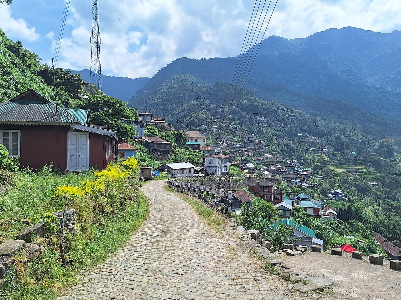 A cobbled lane running downhill past tin-roofed houses in Khonoma village, Nagaland, with the rest of the village on the ridge below and forested mountains beyond