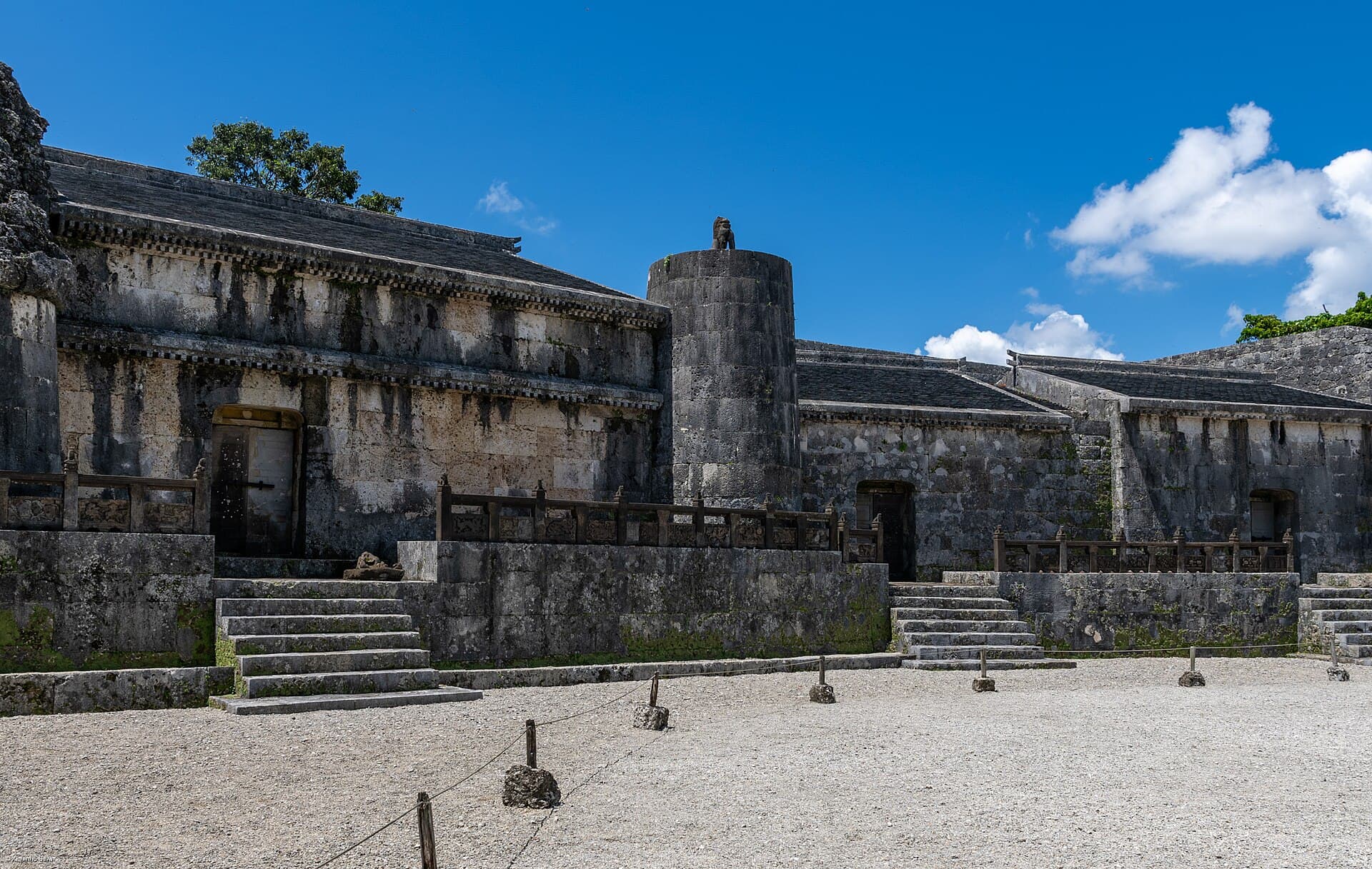 The stone chambers and walled forecourt of Tamaudun, the royal mausoleum of the Ryukyu Kingdom at Shuri in Naha, Okinawa