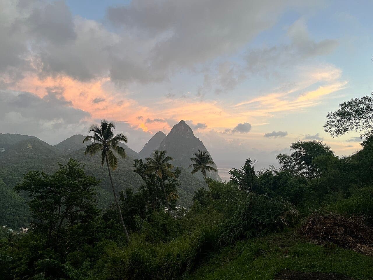 The Pitons rising above Soufriere, Saint Lucia