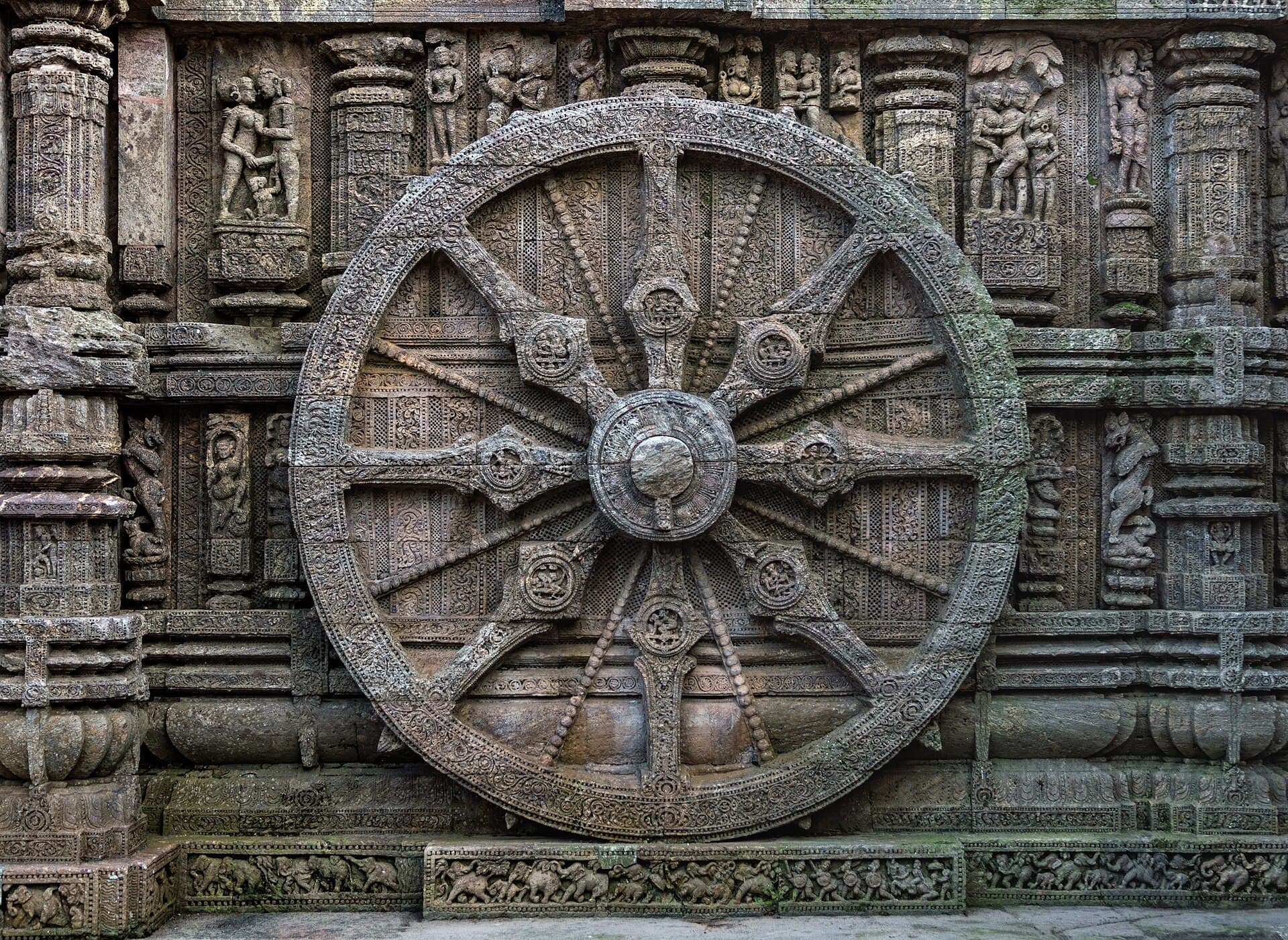 A carved stone wheel of the Konark Sun Temple