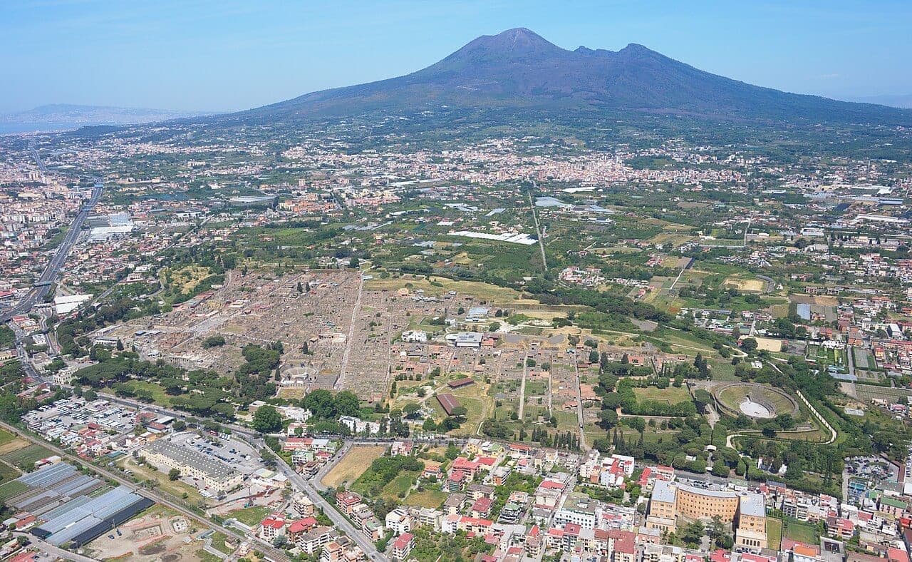 Aerial view of the Pompeii archaeological site with Mount Vesuvius