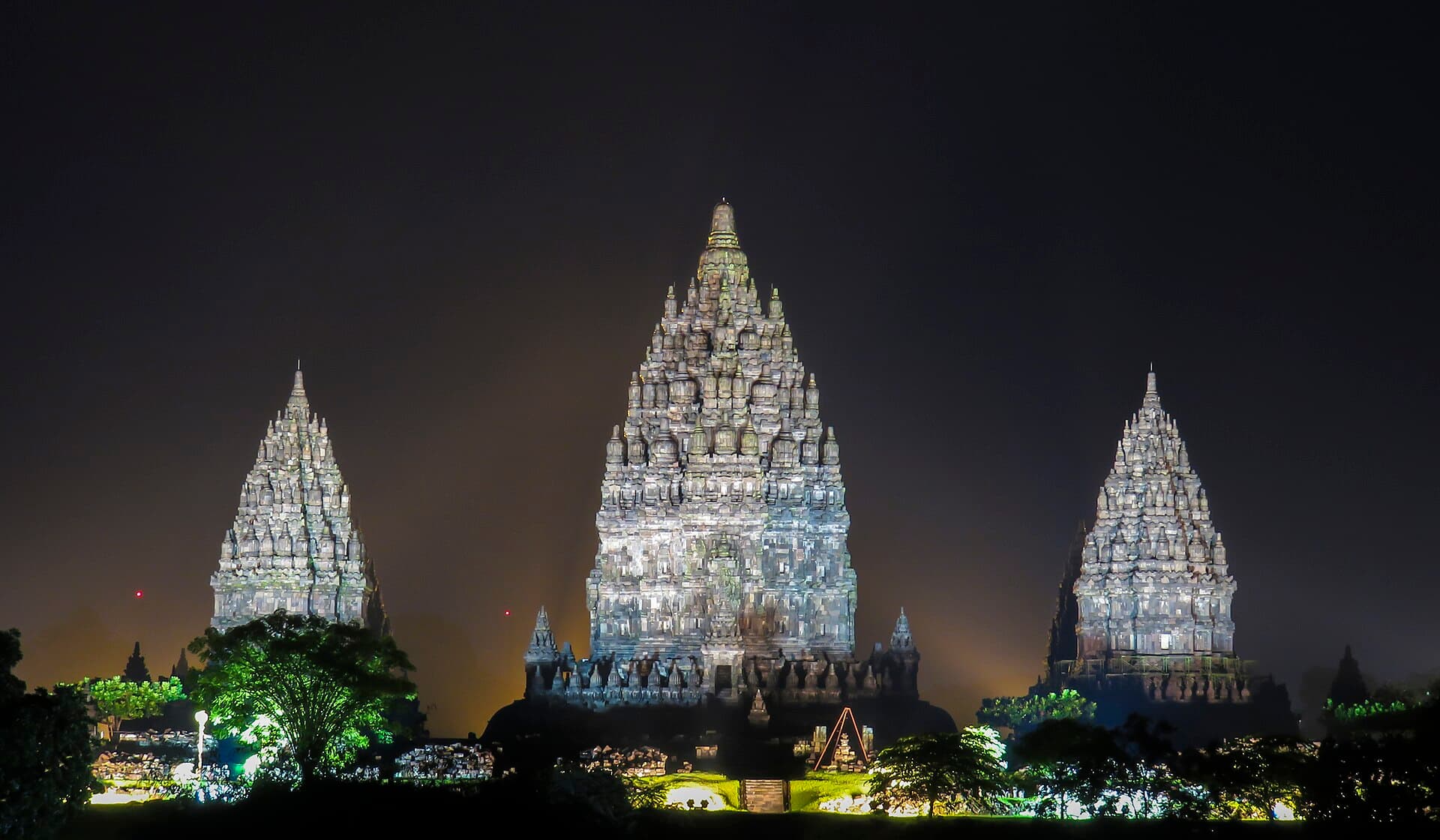 The towers of Prambanan at dusk