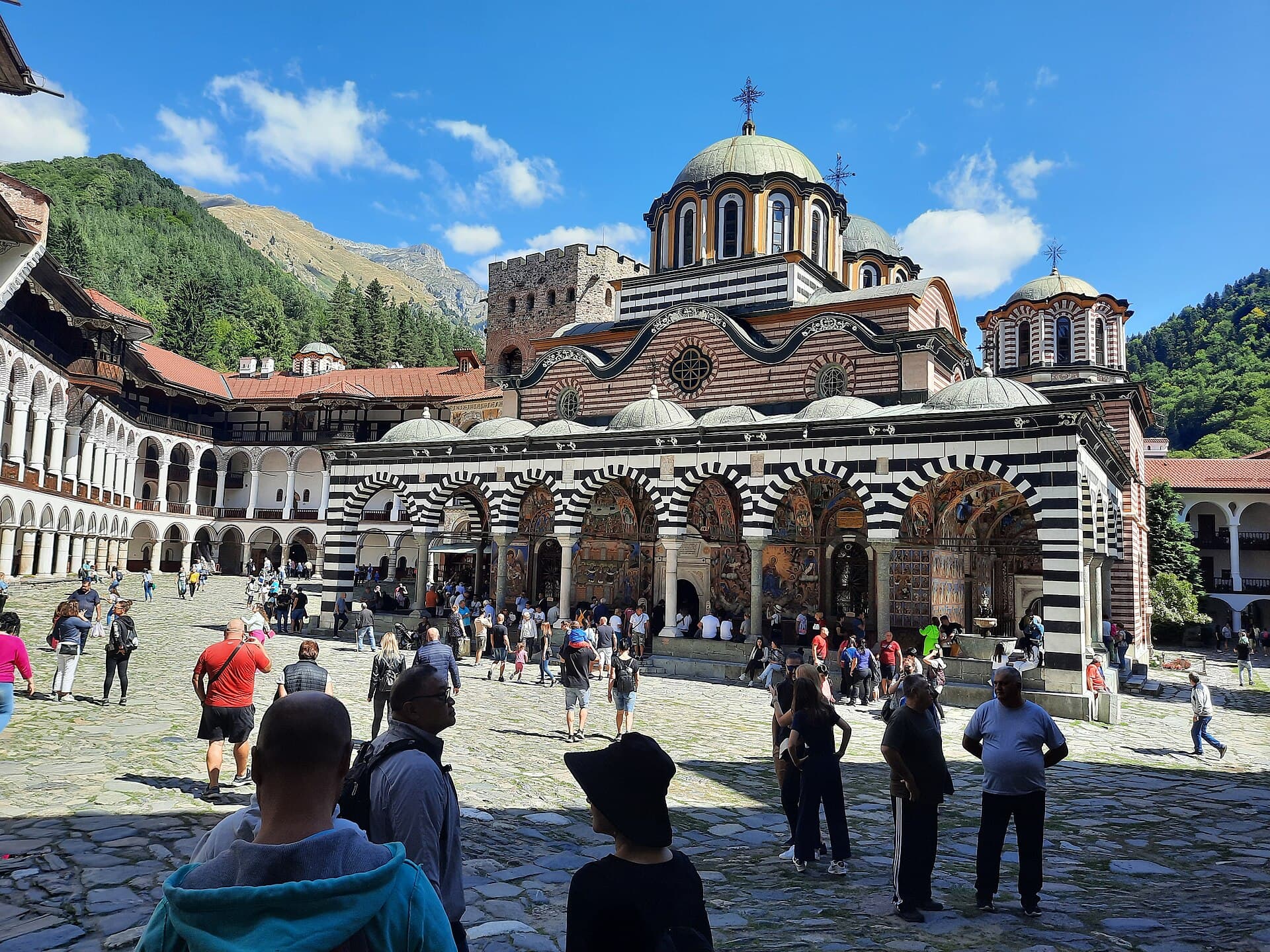 The striped arcades and courtyard of Rila Monastery