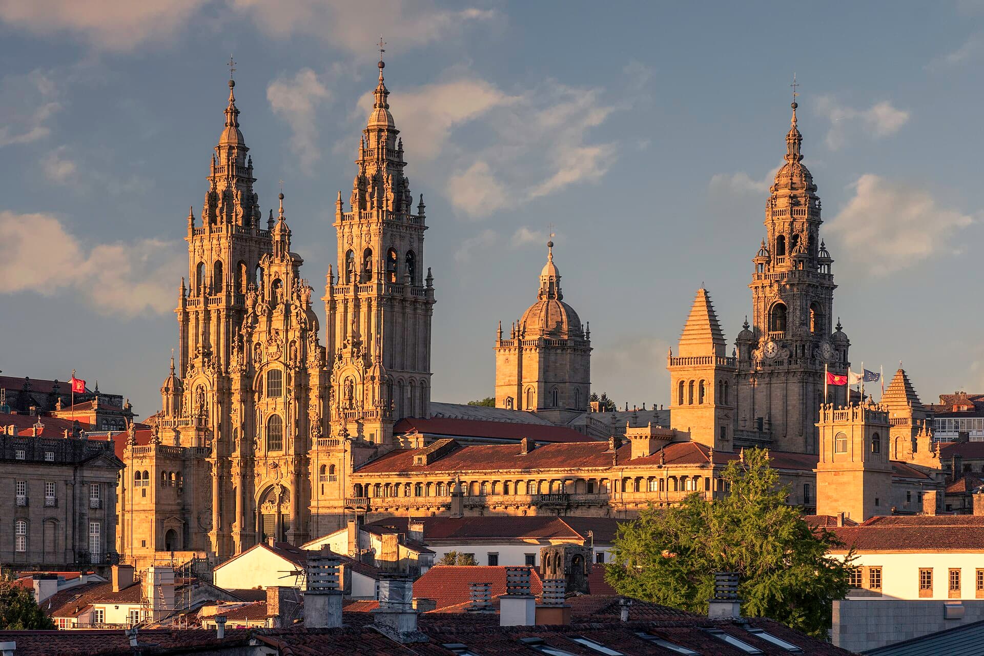 The towers of Santiago de Compostela Cathedral at sunset