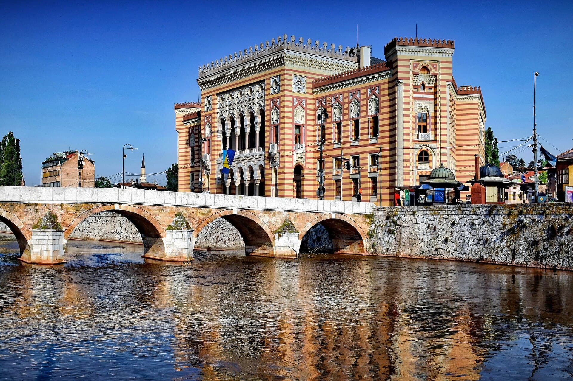 The rebuilt Vijecnica beside the Miljacka in Sarajevo