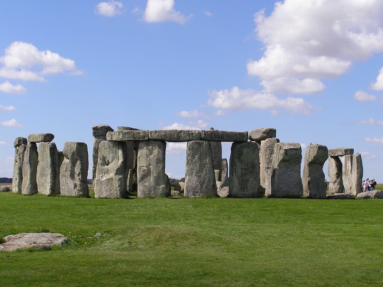The Stonehenge stone circle on Salisbury Plain, with upright sarsen stones and horizontal lintels standing against an open sky