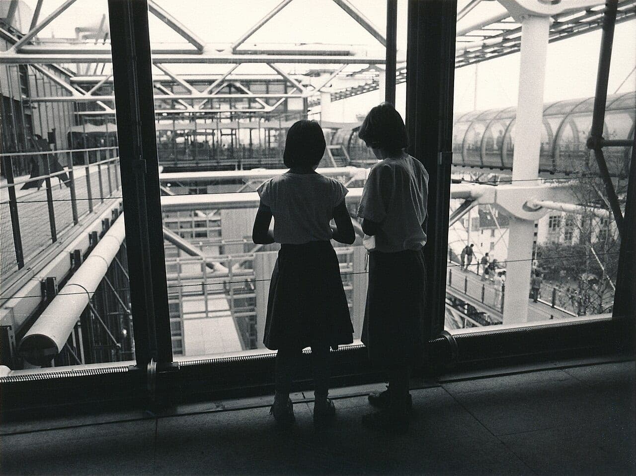 The Centre Pompidou in Paris with its exposed structural pipes and escalators