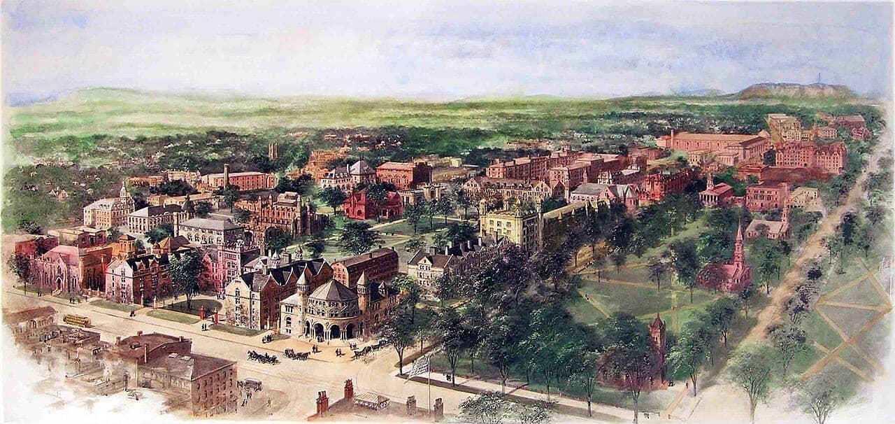 Historical bird's-eye-view lithograph of Yale University by Richard Rummell