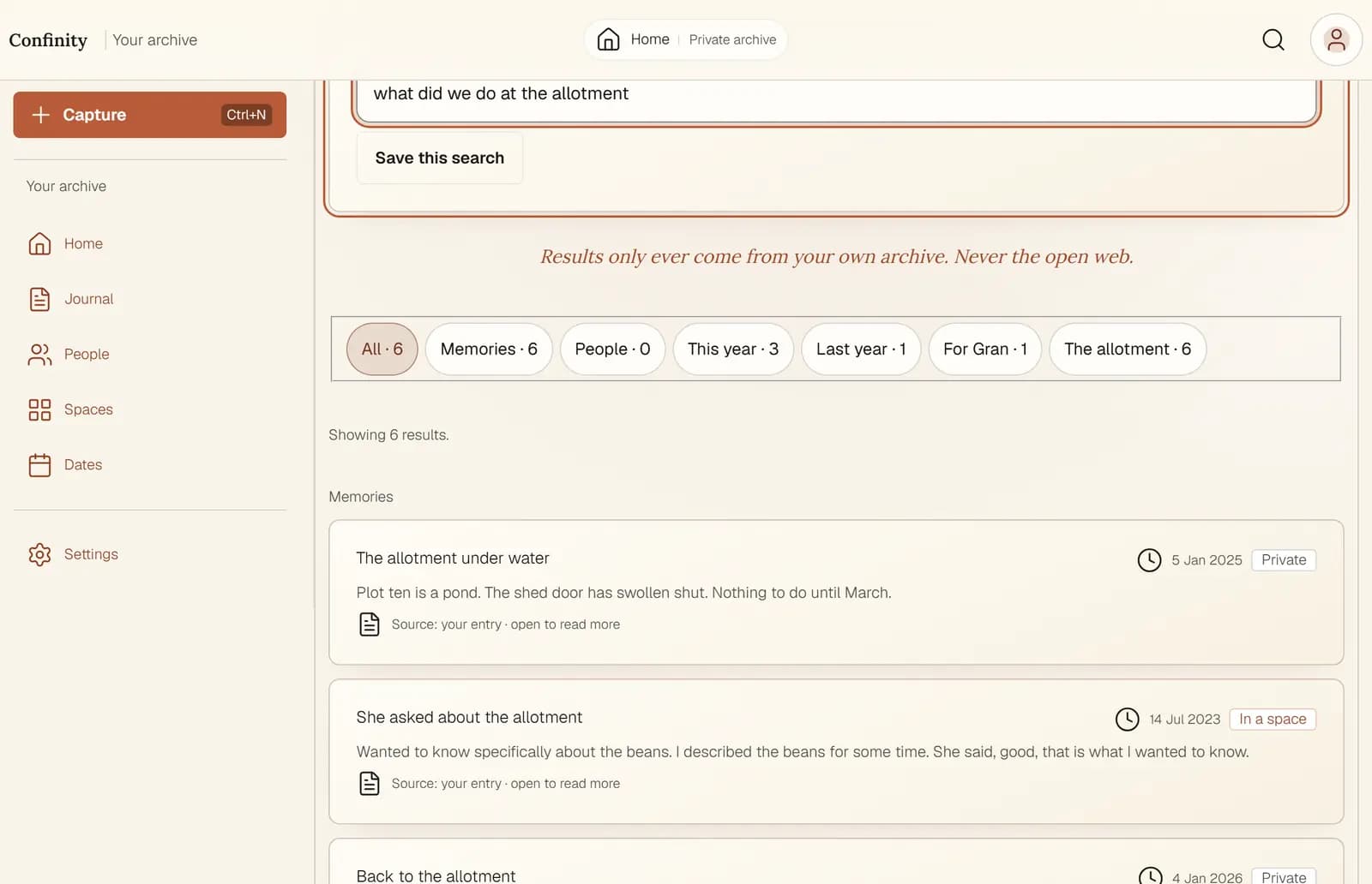 The archive answering the typed question 'what did we do at the allotment' with six results, filtered by Memories, People, This year, Last year, For Gran and The allotment, under a line reading: results only ever come from your own archive, never the open web.